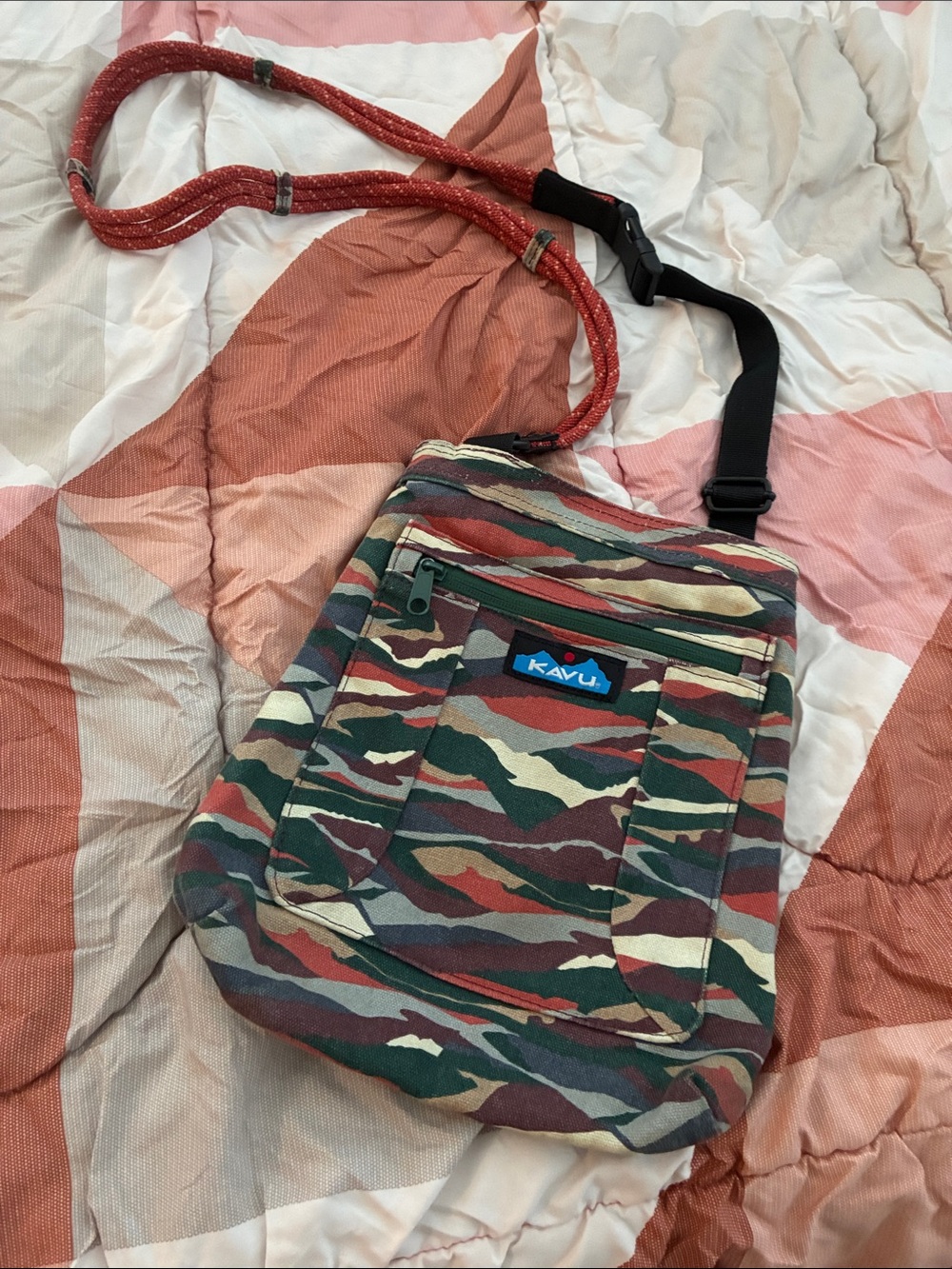 Kavu Multicolor Camo Crossbody Bag with Coral Strap
